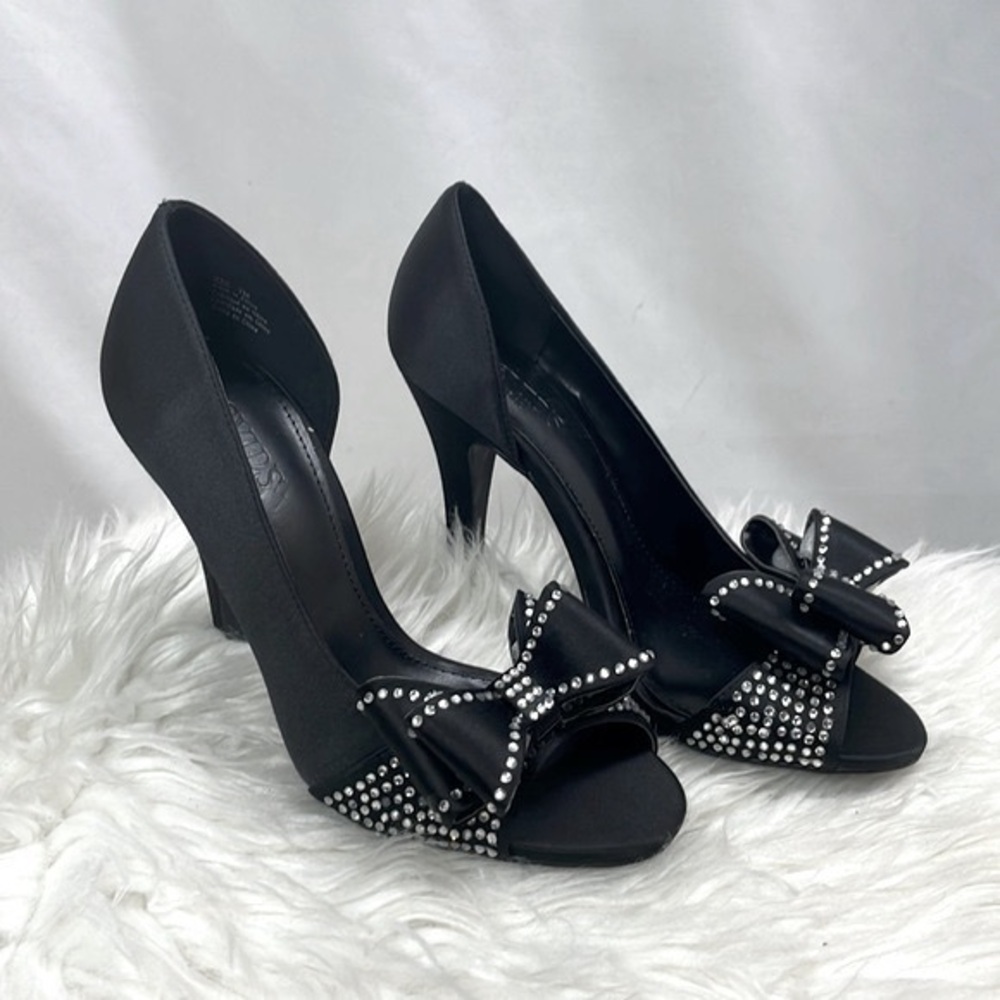 David’s Bridal Black Satin Heel Shoes with Bow and Rhinestones, Size 7